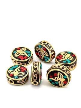 Pirinç İşlemeli Nepal Boncuk Yassı Turkuaz-Mercan Taş Kakmalı Fiğürlü 15x16 mm