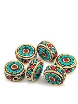 Pirinç İşlemeli Nepal Boncuk Yassı Turkuaz-Mercan Taş Kakmalı 16x16 mm