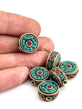 Pirinç İşlemeli Nepal Boncuk Yassı Turkuaz-Mercan Taş Kakmalı 16x16 mm