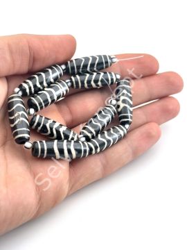 El Yapımı Etnik Desenli Oval Dizi Tibet Boncuk Siyah 10x27 mm