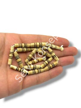 El Yapımı Oval Yiv İşlemeli Dizi Tibet Boncuk Krem 5x23 mm