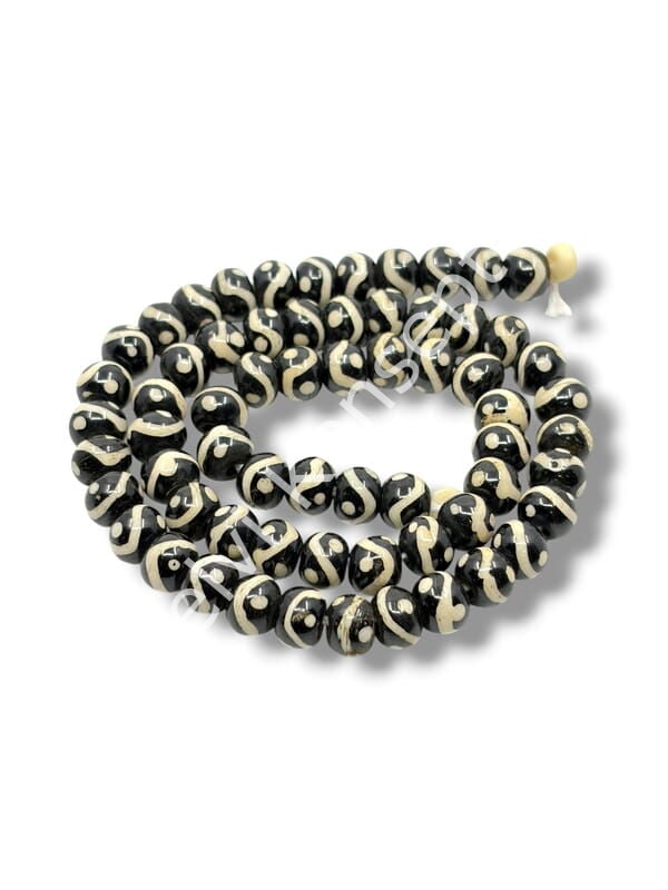 El Yapımı Etnik Desenli Küre Dizi Tibet Boncuk Siyah 7,5x6 mm