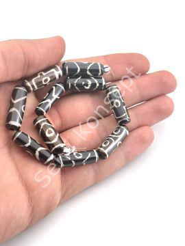 El Yapımı Etnik Desenli 3 Göz Silindir Dizi Tibet Boncuk 8x22 mm