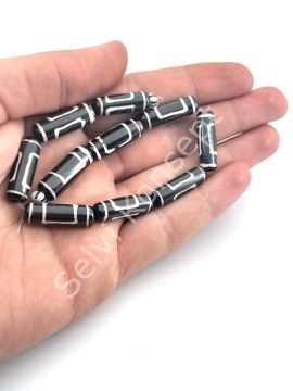 El Yapımı Etnik Desenli Silindir Dizi Tibet Boncuk 8x23 mm