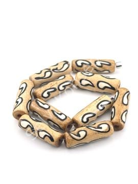 El Yapımı Desenli Silindir Tibet Boncuk Kahverengi 8x23 mm