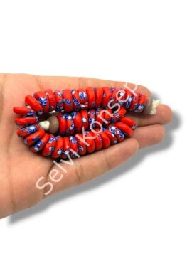 El Yapımı Geleneksel Afrika Krobo Rondela Cam Boncuk Kırmızı-Lacivert 13x4 mm