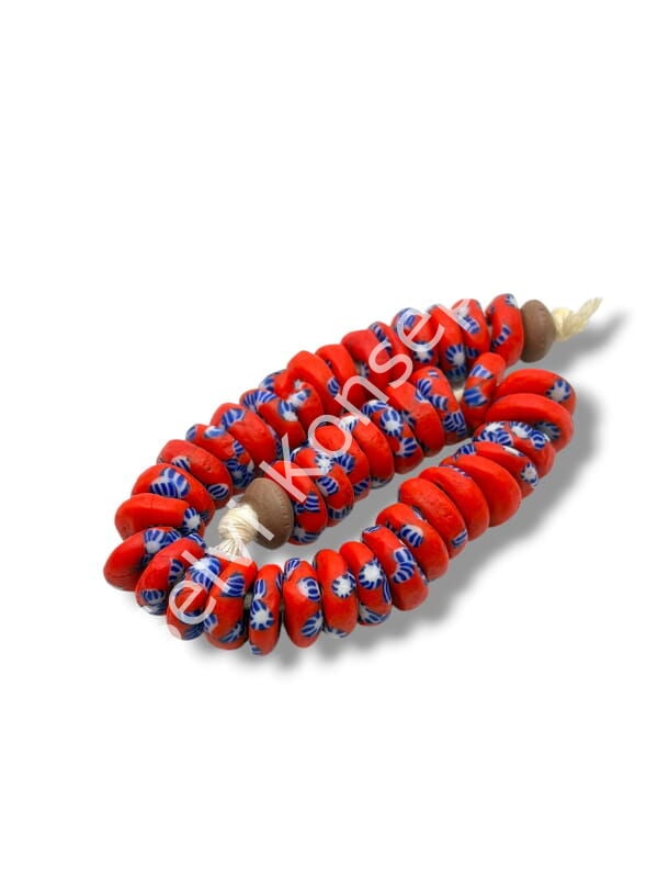 El Yapımı Geleneksel Afrika Krobo Rondela Cam Boncuk Kırmızı-Lacivert 13x4 mm