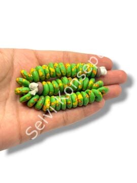 El Yapımı Geleneksel Afrika Krobo Rondela Cam Boncuk Yeşil-Sarı 13x5 mm