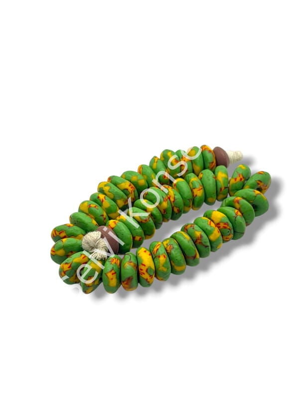 El Yapımı Geleneksel Afrika Krobo Rondela Cam Boncuk Yeşil-Sarı 13x5 mm