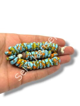 El Yapımı Geleneksel Afrika Krobo Rondela Cam Boncuk Mavi-Turuncu 13x5 mm