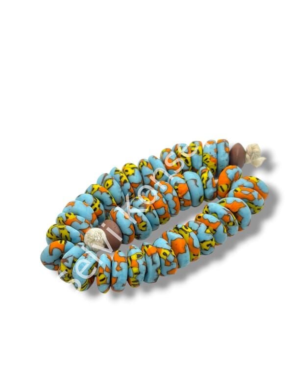 El Yapımı Geleneksel Afrika Krobo Rondela Cam Boncuk Mavi-Turuncu 13x5 mm
