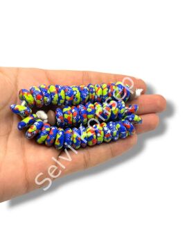 El Yapımı Geleneksel Afrika Krobo Rondela Cam Boncuk Lacivert-Yeşil 13x5 mm