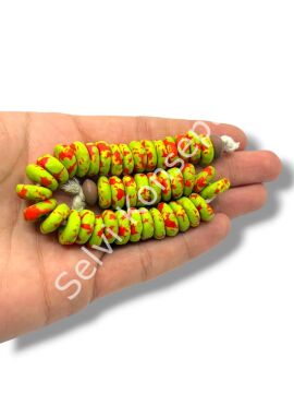 El Yapımı Geleneksel Afrika Krobo Rondela Cam Boncuk Yeşil-Kırmızı 13x5 mm