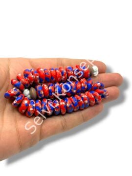 El Yapımı Geleneksel Afrika Krobo Rondela Cam Boncuk Kırmızı-Lacivert 14x6 mm