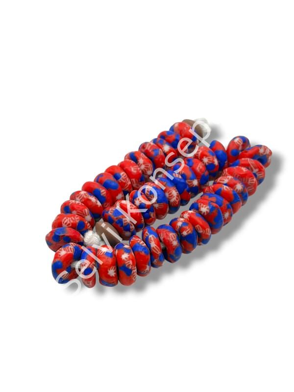 El Yapımı Geleneksel Afrika Krobo Rondela Cam Boncuk Kırmızı-Lacivert 14x6 mm