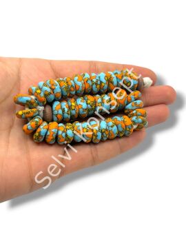El Yapımı Geleneksel Afrika Krobo Rondela Cam Boncuk Turuncu-Mavi 14x6 mm