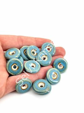 Otantik Seramik Boncuk Disk Rondela 20 mm Mavi