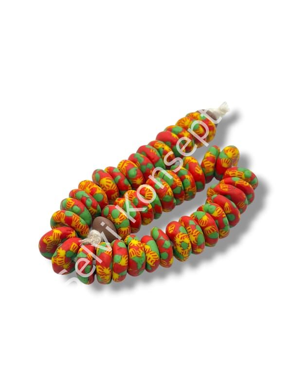 El Yapımı Geleneksel Afrika Krobo Rondela Cam Boncuk Kırmızı-Yeşil 14x6 mm