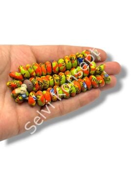 El Yapımı Geleneksel Afrika Krobo Rondela Cam Boncuk Yeşil-Turuncu 14x6 mm