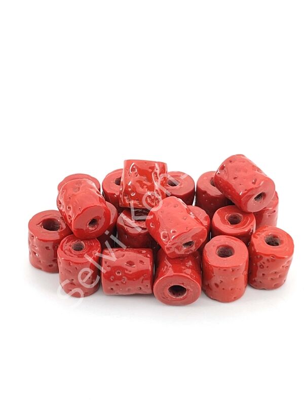 Parlak Eskitme Silindir Bodrum Cam Boncuk Kırmızı 10 Adet