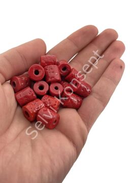 Parlak Eskitme Silindir Bodrum Cam Boncuk Kırmızı 10 Adet