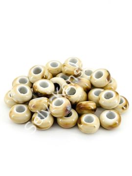 Otantik Seramik Boncuk Geniş Delik Rondela 14 mm Krem