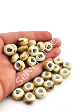 Otantik Seramik Boncuk Geniş Delik Rondela 14 mm Krem