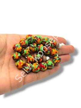 El Yapımı Geleneksel Afrika Krobo Küre Cam Boncuk Kırmızı-Yeşil 12x11 mm