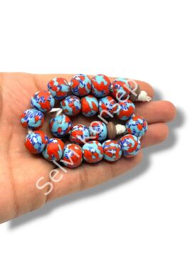 El Yapımı Geleneksel Afrika Krobo Küre Cam Boncuk Kırmızı-Mavi 12x11 mm