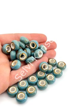 Otantik Seramik Boncuk Geniş Delik Rondela 14 mm Mavi