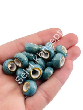 Otantik Seramik Boncuk Geniş Delik Rondela 14 mm Mavi
