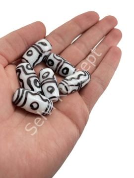 Etnik Desenli Oval Cam Boncuk Beyaz 10 Adet