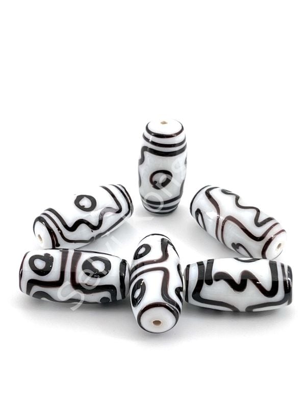 Etnik Desenli Oval Cam Boncuk Beyaz 10 Adet