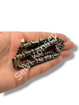 El Yapımı Etnik Desenli Silindir Dizi Tibet Boncuk Siyah-Kahverengi 8x13 mm