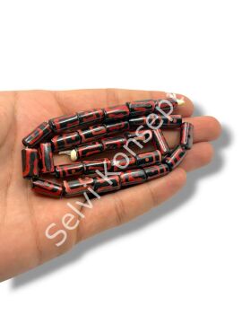 El Yapımı Etnik Desenli Silindir Dizi Tibet Boncuk Siyah-Kırmızı 8x13 mm