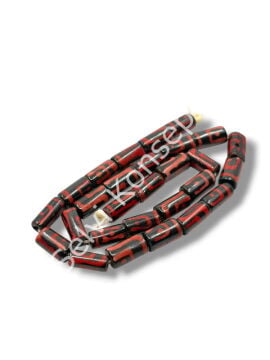 El Yapımı Etnik Desenli Silindir Dizi Tibet Boncuk Siyah-Kırmızı 8x13 mm