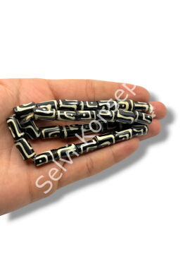 El Yapımı Etnik Desenli Silindir Dizi Tibet Boncuk Siyah-Krem 9x14 mm
