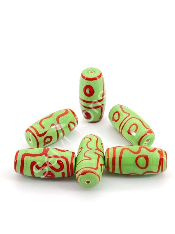 Etnik Desenli Oval Cam Boncuk F.Yeşili 10 Adet