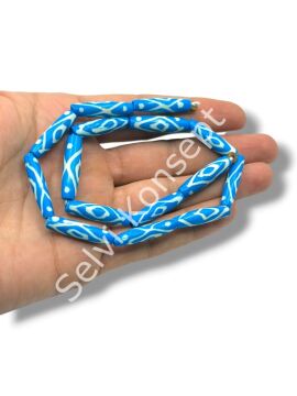 El Yapımı Etnik Desenli  Silindir Dizi Tibet Boncuk Mavi 6x25 mm