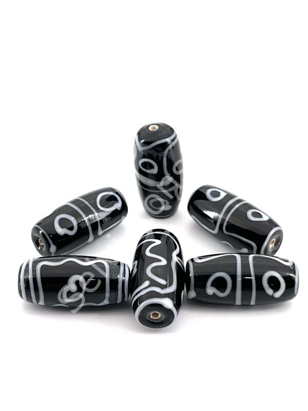 Etnik Desenli Oval Cam Boncuk Siyah 10 Adet