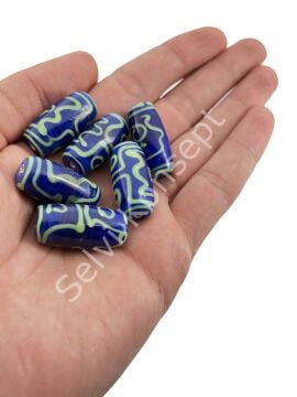 Etnik Desenli Oval Cam Boncuk Lacivert 10 Adet