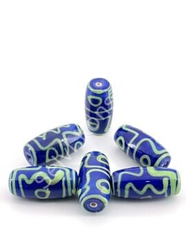 Etnik Desenli Oval Cam Boncuk Lacivert 10 Adet