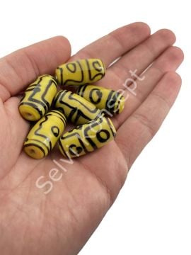 Etnik Desenli Oval Cam Boncuk Sarı 10 Adet