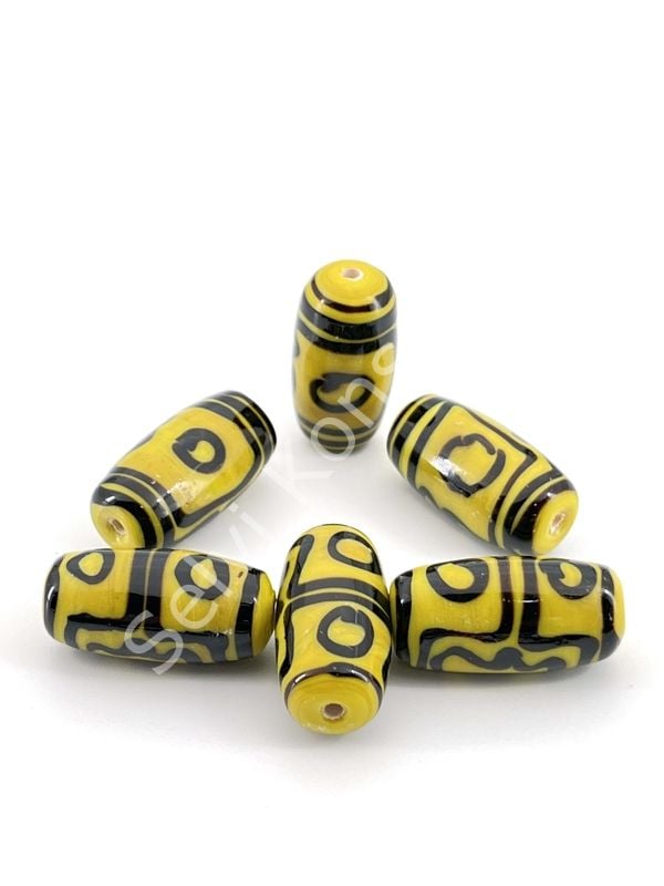 Etnik Desenli Oval Cam Boncuk Sarı 10 Adet