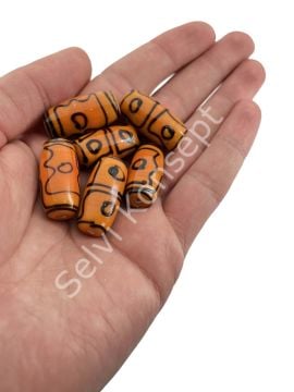 Etnik Desenli Oval Cam Boncuk Turuncu 10 Adet