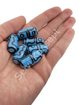 Etnik Desenli Oval Cam Boncuk Mavi 10 Adet