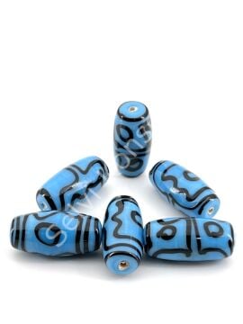 Etnik Desenli Oval Cam Boncuk Mavi 10 Adet