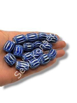 El Yapımı Afrika Chevron Dizi Cam Boncuk Lacivert-Beyaz 14x18 mm