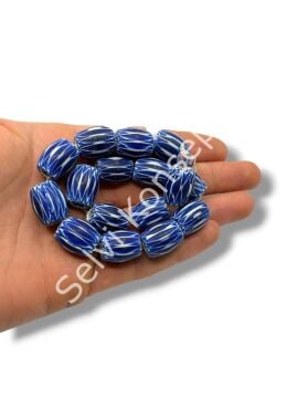 El Yapımı Afrika Chevron Dizi Cam Boncuk Lacivert-Beyaz 14x18 mm
