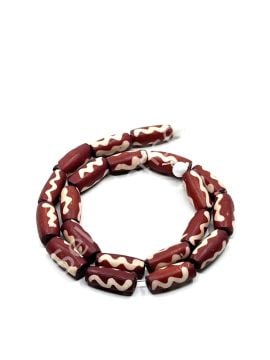 El Yapımı Etnik Desenli Oval Dizi Tibet Boncuk Kırmızı 6x12 mm